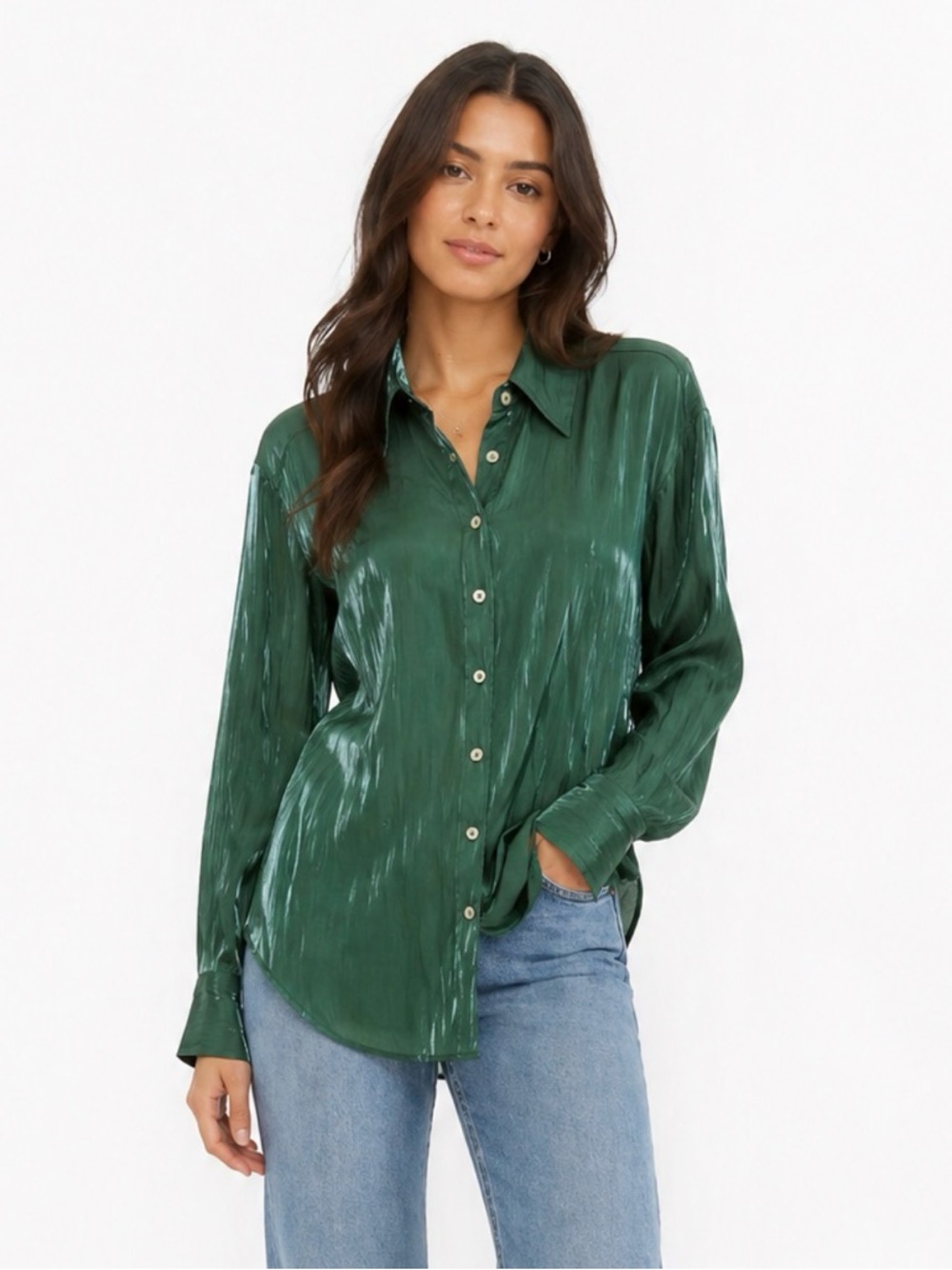 Anthropologie Emerald Green Satin Button-Down Blouse